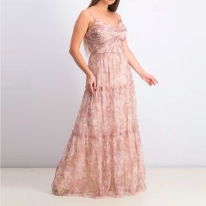 Adrianna Papell Tiered Floral Pink and Tan Maxi Dress, Like New